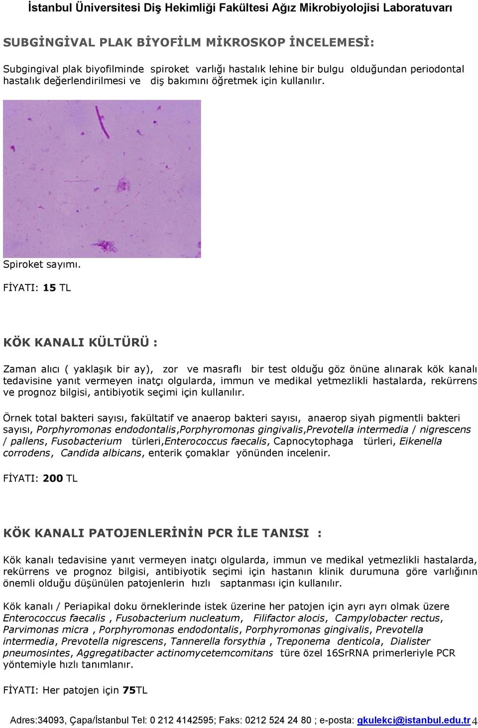 FİYATI: 15 TL KÖK KANALI KÜLTÜRÜ : Zaman alıcı ( yaklaşık bir ay), zor ve masraflı bir test olduğu göz önüne alınarak kök kanalı tedavisine yanıt vermeyen inatçı olgularda, immun ve medikal