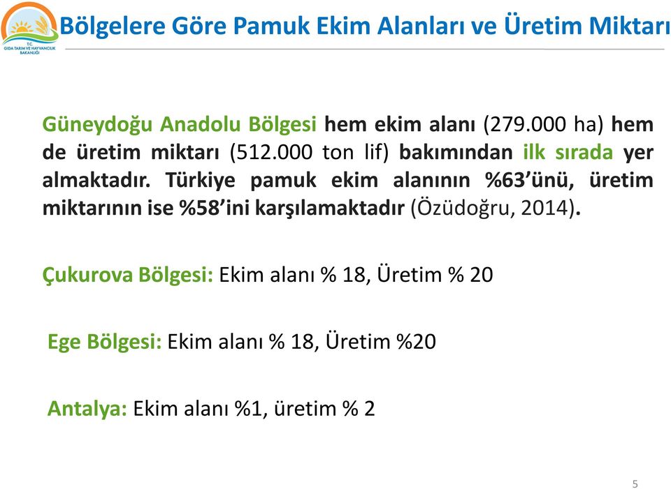 Türkiye pamuk ekim alanının %63 ünü, üretim miktarının ise %58 ini karşılamaktadır (Özüdoğru, 2014).