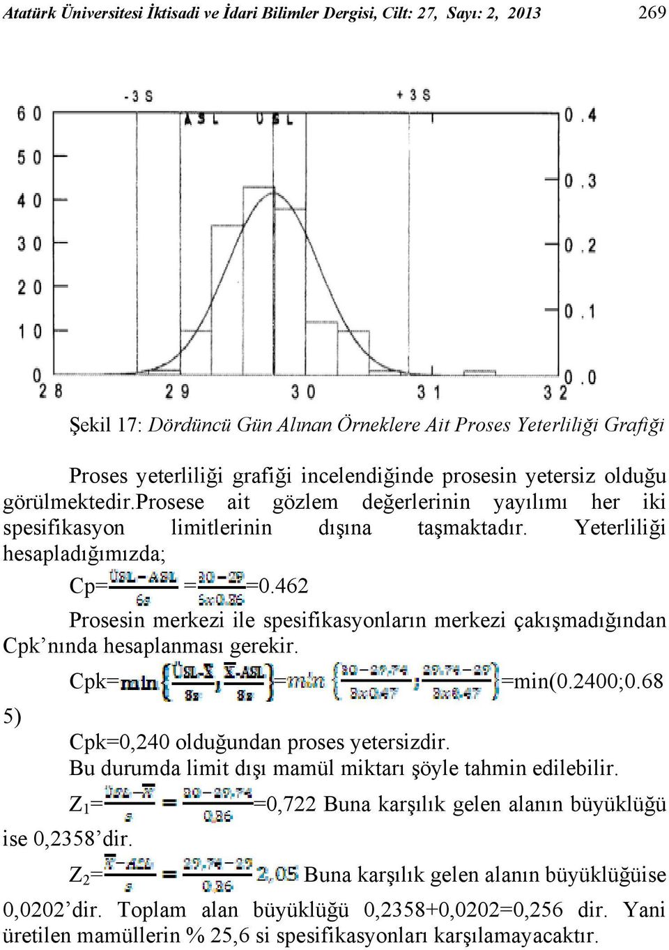 46 Prosesin merkezi ile spesifikasyonların merkezi çakışmadığından Cpk nında hesaplanması gerekir. Cpk= = =min(0.400;0.68 5) Cpk=0,40 olduğundan proses yetersizdir.