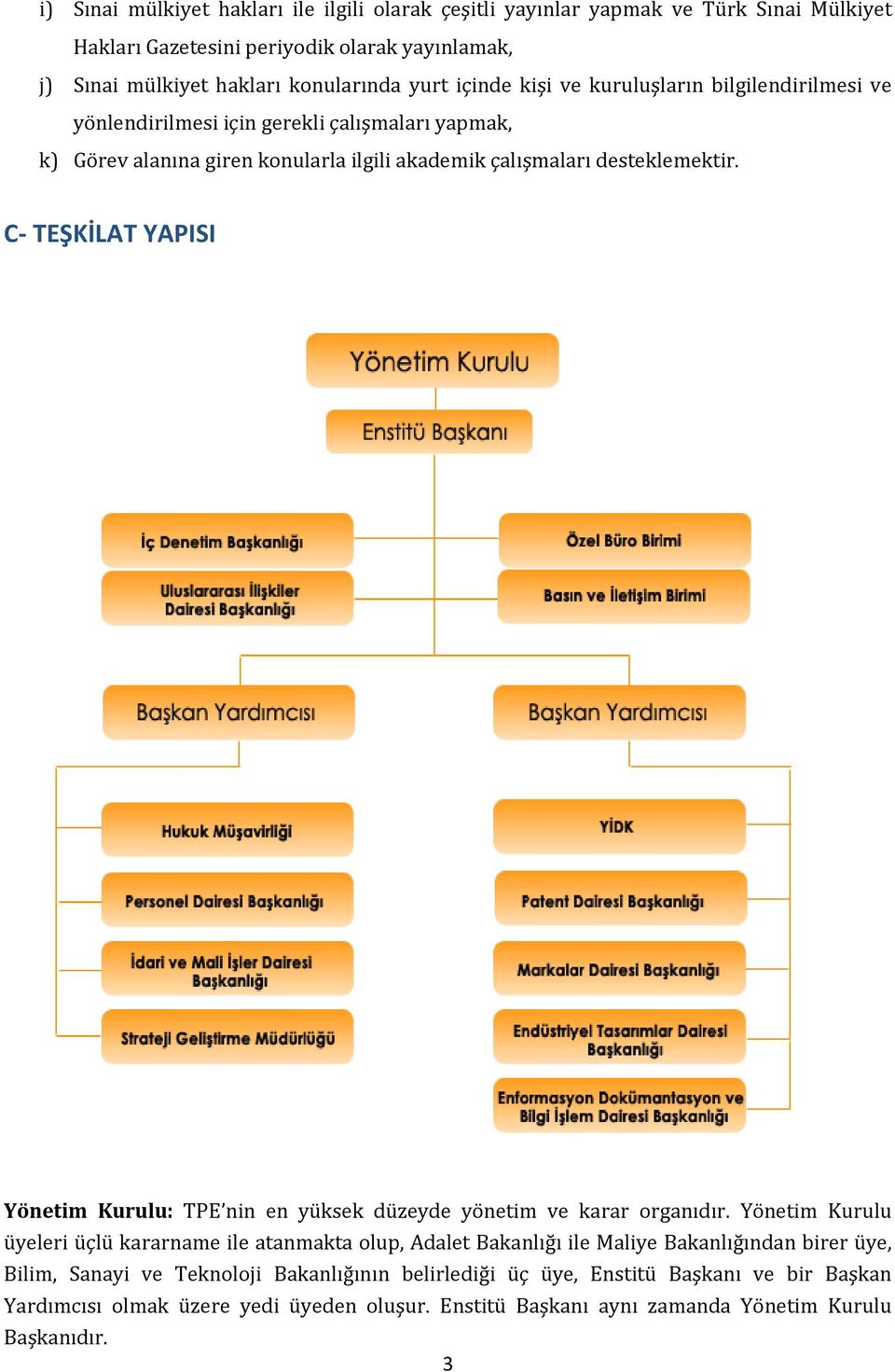 C TEŞKİLAT YAPISI Yönetim Kurulu: TPE nin en yüksek düzeyde yönetim ve karar organıdır.