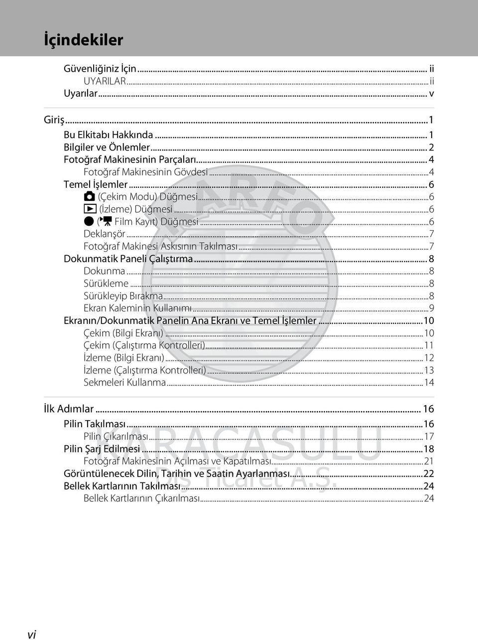 ..8 Sürükleme...8 Sürükleyip Bırakma...8 Ekran Kaleminin Kullanımı...9 Ekranın/Dokunmatik Panelin Ana Ekranı ve Temel İşlemler...10 Çekim (Bilgi Ekranı)...10 Çekim (Çalıştırma Kontrolleri).