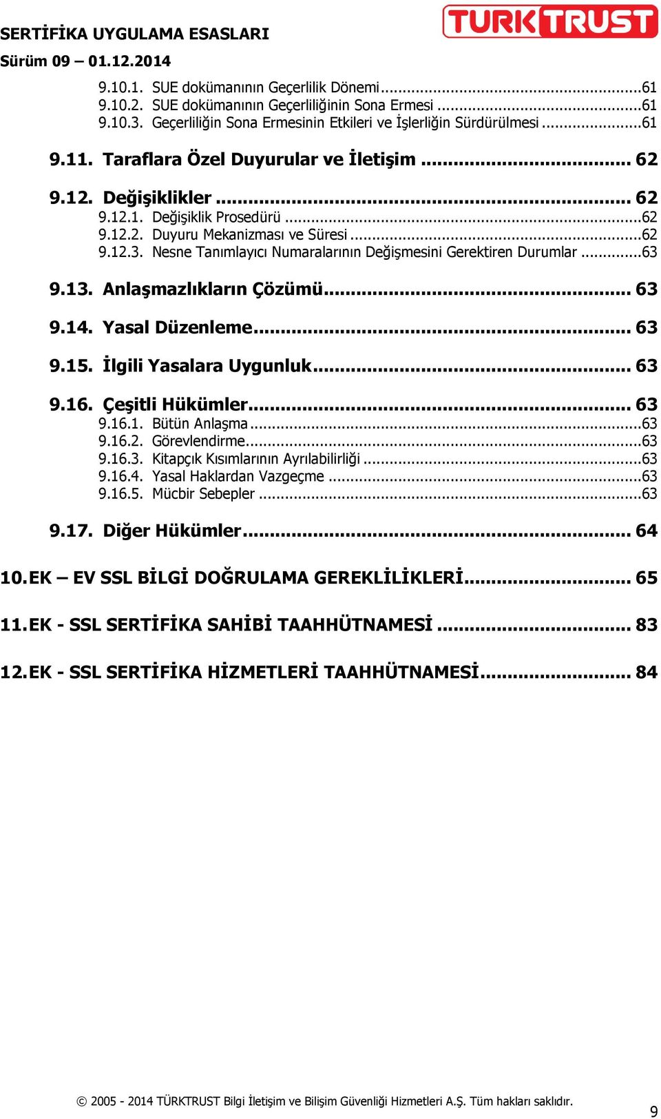 Nesne Tanımlayıcı Numaralarının Değişmesini Gerektiren Durumlar...63 9.13. Anlaşmazlıkların Çözümü... 63 9.14. Yasal Düzenleme... 63 9.15. İlgili Yasalara Uygunluk... 63 9.16. Çeşitli Hükümler... 63 9.16.1. Bütün Anlaşma.