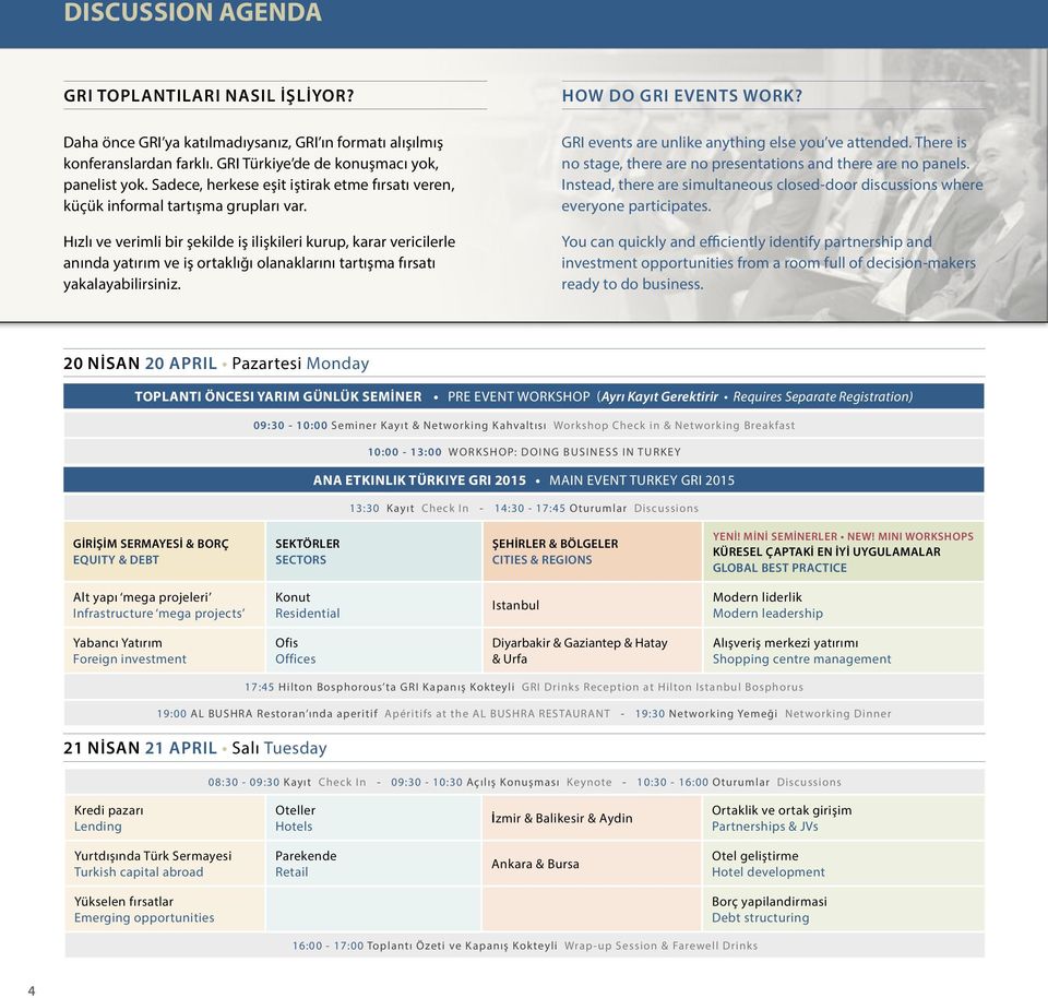 Hızlı ve verimli bir şekilde iş ilişkileri kurup, karar vericilerle anında yatırım ve iş ortaklığı olanaklarını tartışma fırsatı yakalayabilirsiniz. HOW DO GRI EVENTS WORK?