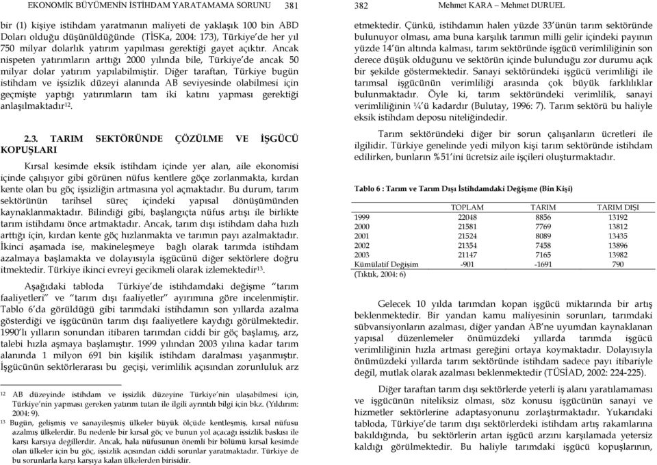 Diğer taraftan, Türkiye bugün istihdam ve işsizlik düzeyi alanında AB seviyesinde olabilmesi için geçmişte yaptığı yatırımların tam iki katını yapması gerektiği anlaşılmaktadır 12. 2.3.