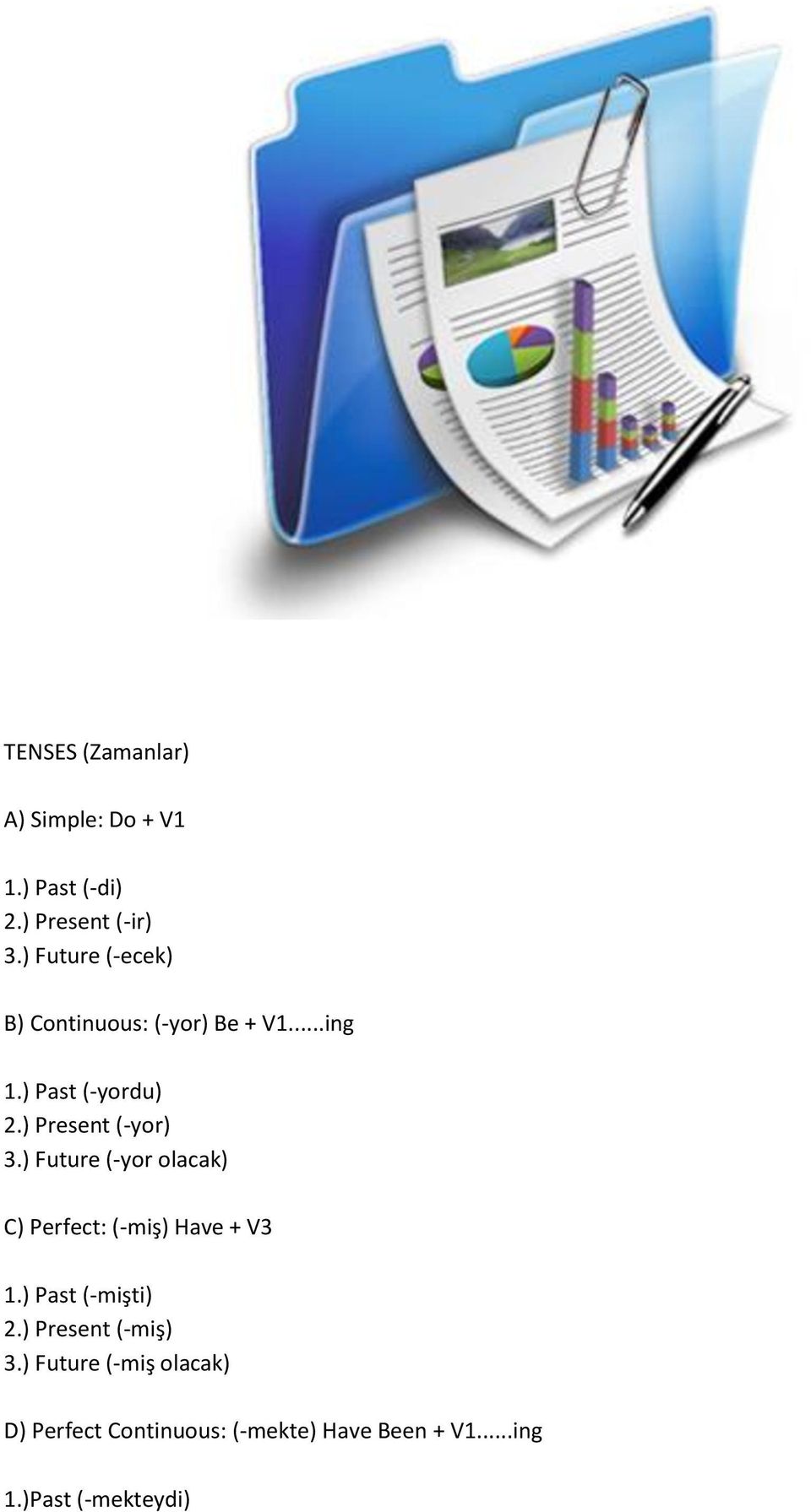 ) Present (-yor) 3.) Future (-yor olacak) C) Perfect: (-miş) Have + V3 1.