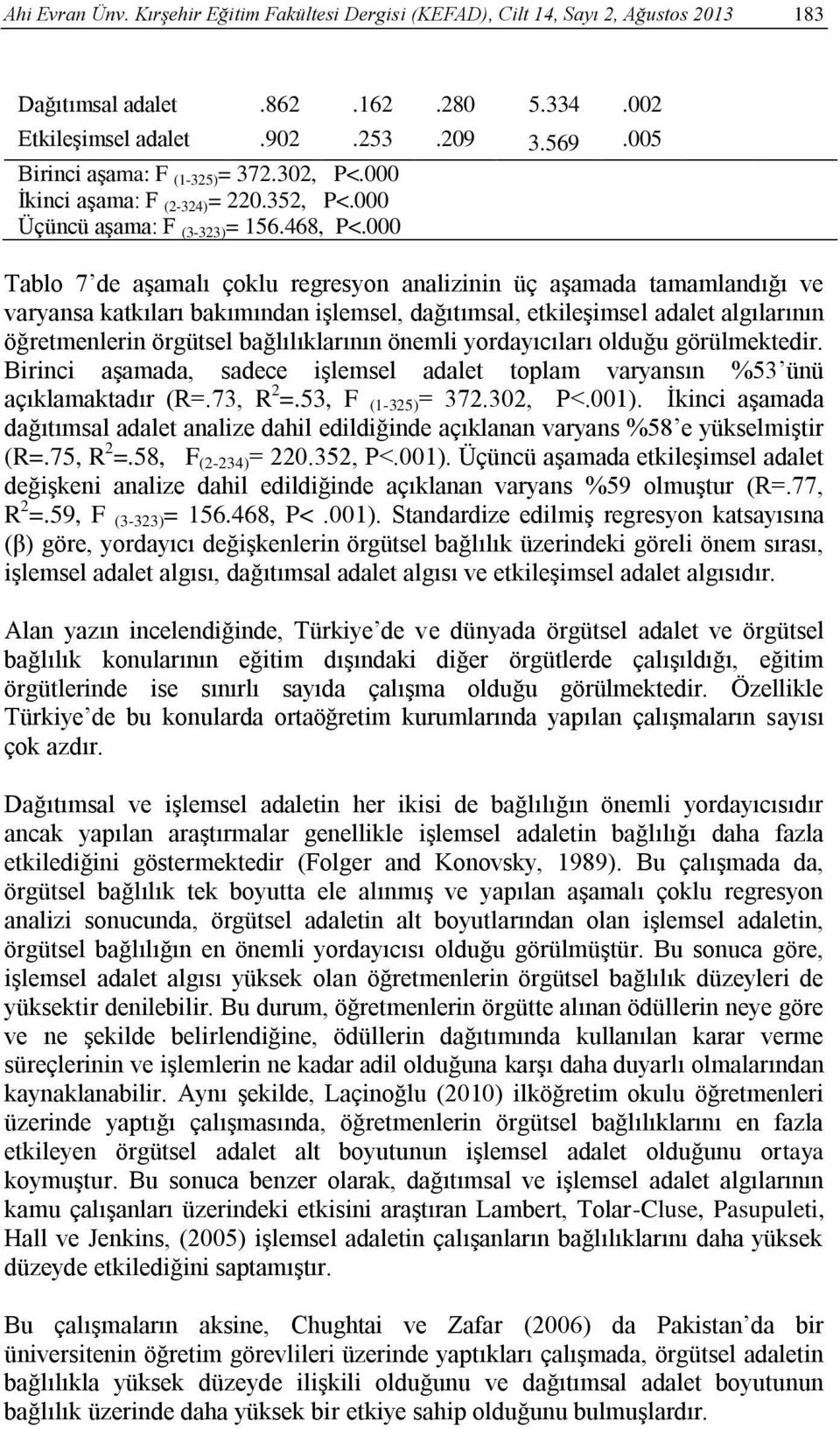 000 Tablo 7 de aşamalı çoklu regresyon analizinin üç aşamada tamamlandığı ve varyansa katkıları bakımından işlemsel, dağıtımsal, etkileşimsel adalet algılarının öğretmenlerin örgütsel bağlılıklarının