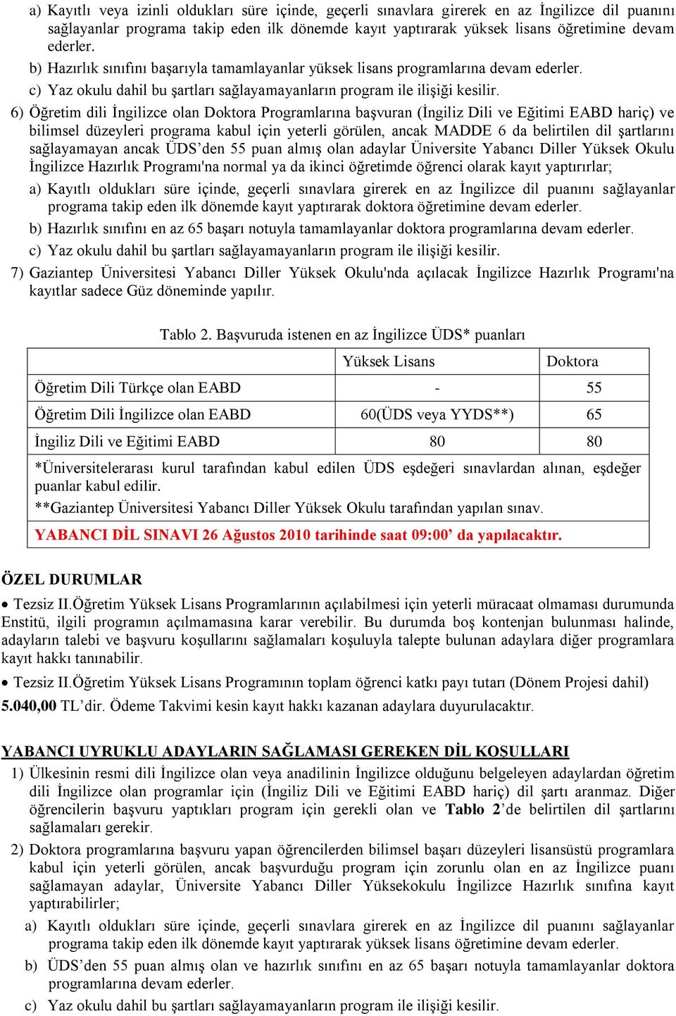 6) Öğretim dili İngilizce olan Doktora Programlarına başvuran (İngiliz Dili ve Eğitimi EABD hariç) ve bilimsel düzeyleri programa kabul için yeterli görülen, ancak MADDE 6 da belirtilen dil