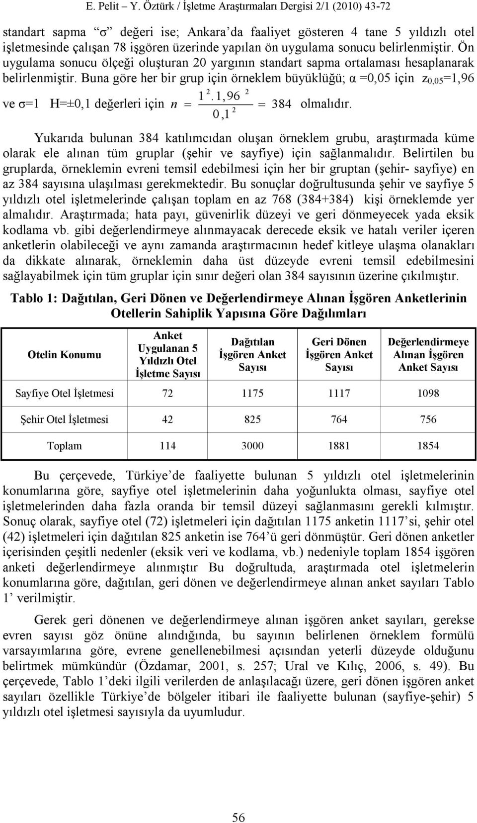 1,96 ve σ=1 H=±0,1 değerleri için n 384 olmalıdır. 2 0,1 Yukarıda bulunan 384 katılımcıdan oluşan örneklem grubu, araştırmada küme olarak ele alınan tüm gruplar (şehir ve sayfiye) için sağlanmalıdır.