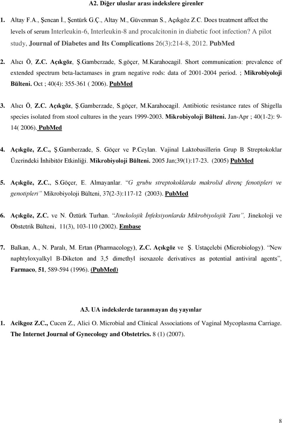 PubMed 2. Alıcı Ö, Z.C. Açıkgöz, Ş.Gamberzade, S.göçer, M.Karahocagil. Short communication: prevalence of extended spectrum beta-lactamases in gram negative rods: data of 2001-2004 period.