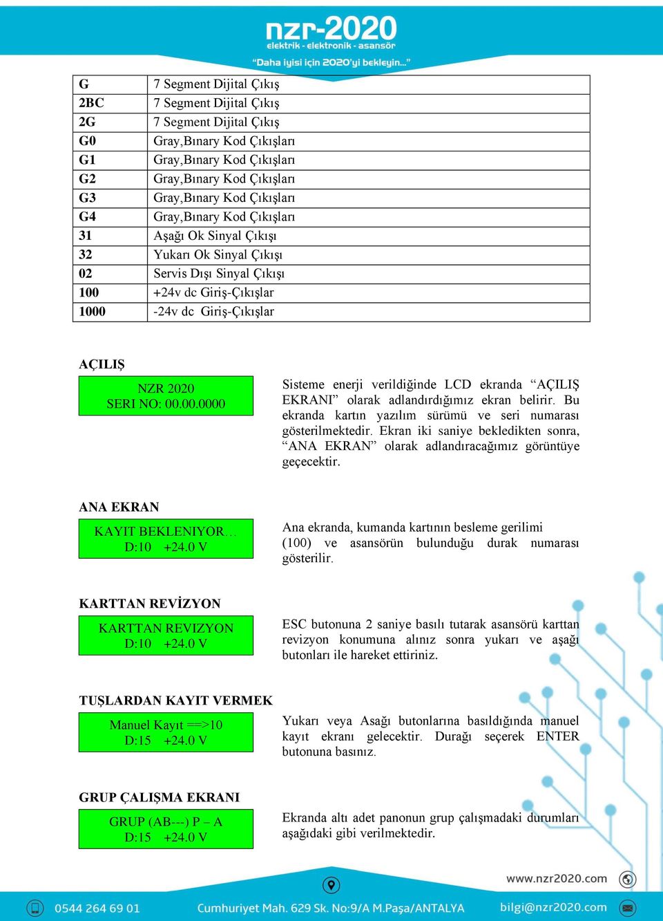 +24v dc GiriĢ-ÇıkıĢlar 1000-24v dc GiriĢ-ÇıkıĢlar AÇILIŞ NZR 2020 SERI NO: 00.00.0000 Sisteme enerji verildiğinde LCD ekranda AÇILIġ EKRANI olarak adlandırdığımız ekran belirir.