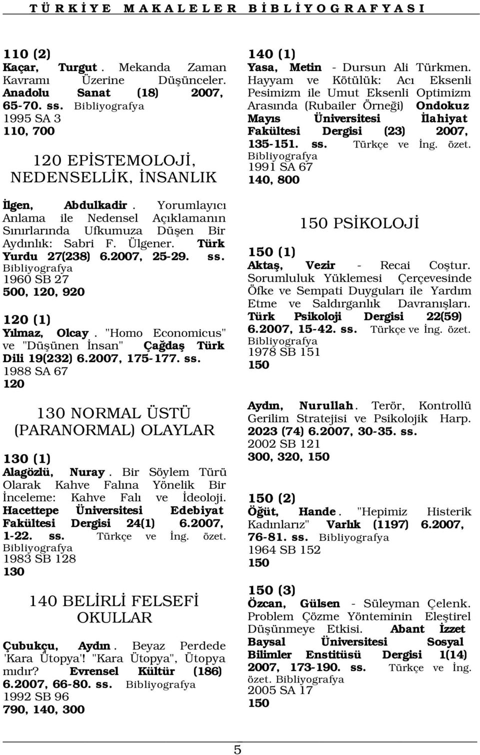 "Homo Economicus" ve "Düflünen nsan" Ça dafl Türk Dili 19(232) 6.2007, 175-177. ss. 1988 SA 67 120 130 NORMAL ÜSTÜ (PARANORMAL) OLAYLAR 130 (1) Alagözlü, Nuray.