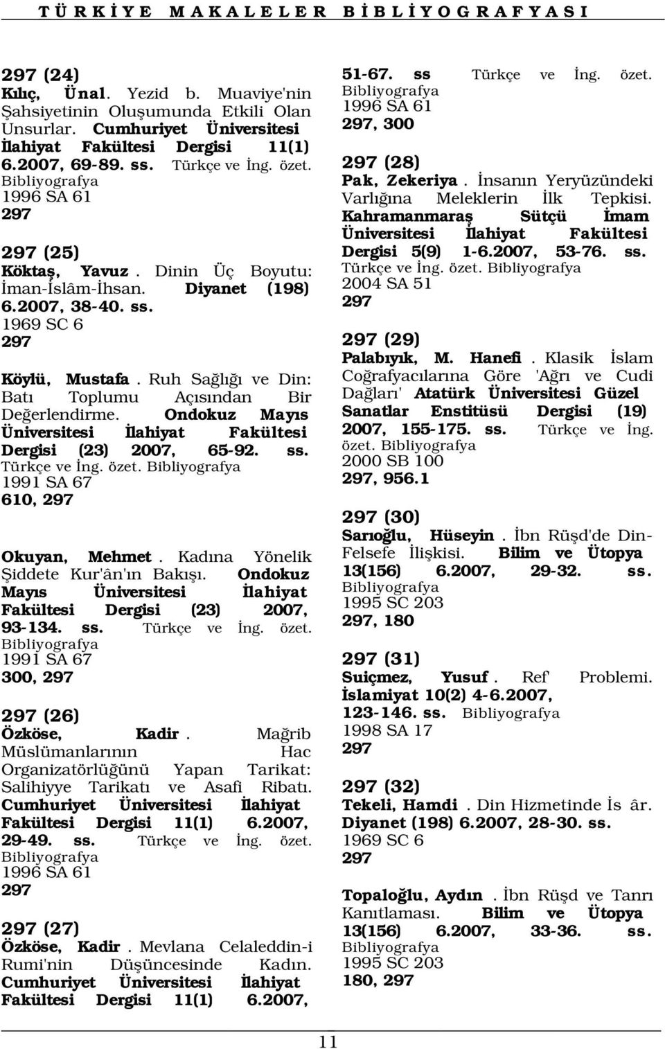 2007, 53-76. ss. Türkçe ve ng. özet. 297 (25) Köktafl, Yavuz. Dinin Üç Boyutu: man- slâm- hsan. Diyanet (198) 2004 SA 51 6.2007, 38-40. ss. 297 1969 SC 6 297 297 (29) Palab y k, M. Hanefi.