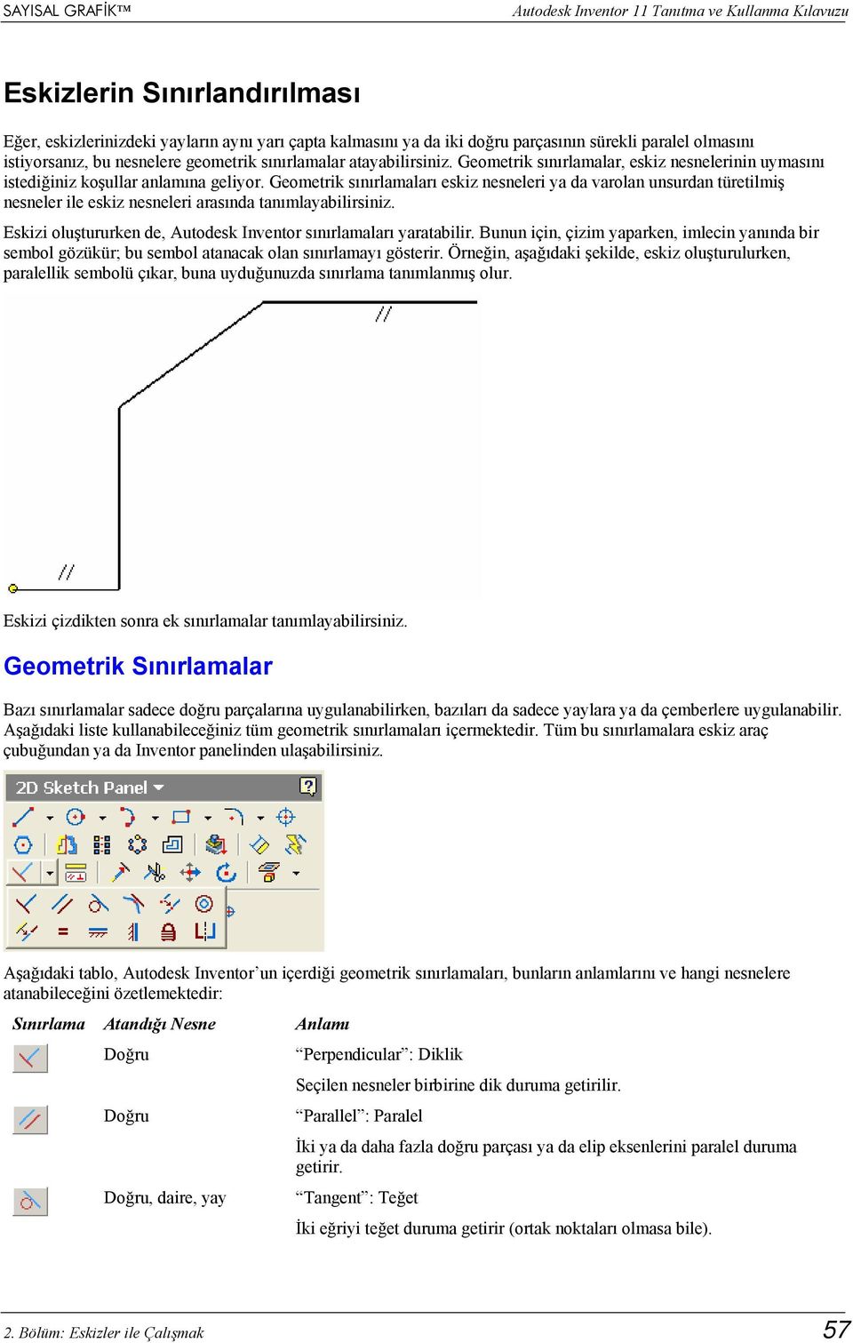 Geometrik sınırlamaları eskiz nesneleri ya da varolan unsurdan türetilmiş nesneler ile eskiz nesneleri arasında tanımlayabilirsiniz.