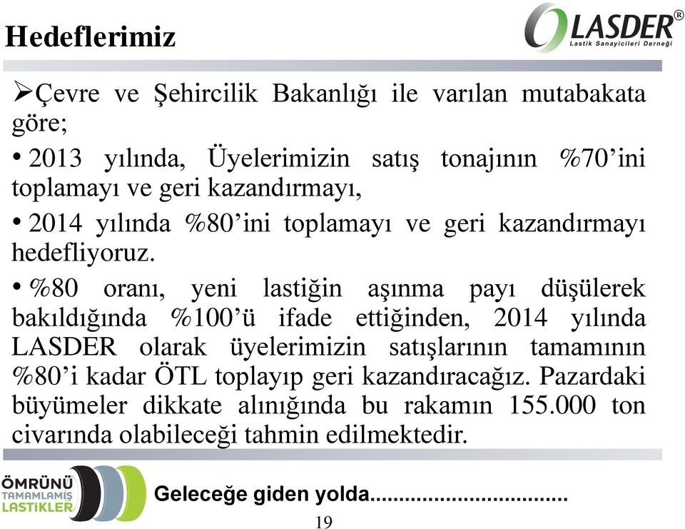 %80 oranı, yeni lastiğin aşınma payı düşülerek bakıldığında %100 ü ifade ettiğinden, 2014 yılında LASDER olarak üyelerimizin