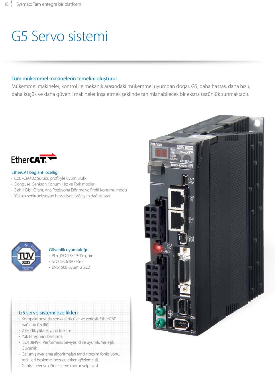 EtherCAT bağlantı özelliği CoE -CiA402 Sürücü profiliyle uyumluluk- Döngüsel Senkron Konum, Hız ve Tork modları Dahili Dişli Oranı, Ana Pozisyona Dönme ve Profil Konumu modu Yüksek senkronizasyon
