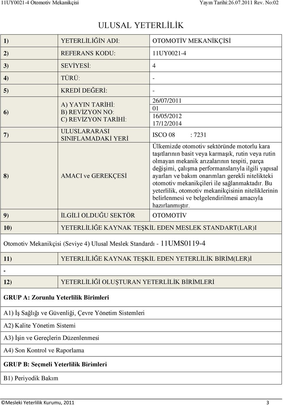 veya karmaşık, rutin veya rutin olmayan mekanik arızalarının tespiti, parça değişimi, çalışma performanslarıyla ilgili yapısal ayarları ve bakım onarımları gerekli nitelikteki otomotiv mekanikçileri