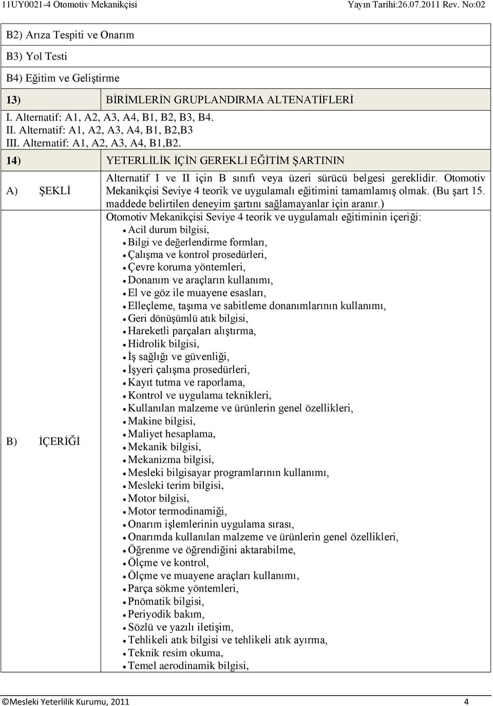 14) YETERLİLİK İÇİN GEREKLİ EĞİTİM ŞARTININ A) ŞEKLİ B) İÇERİĞİ Alternatif I ve II için B sınıfı veya üzeri sürücü belgesi gereklidir.