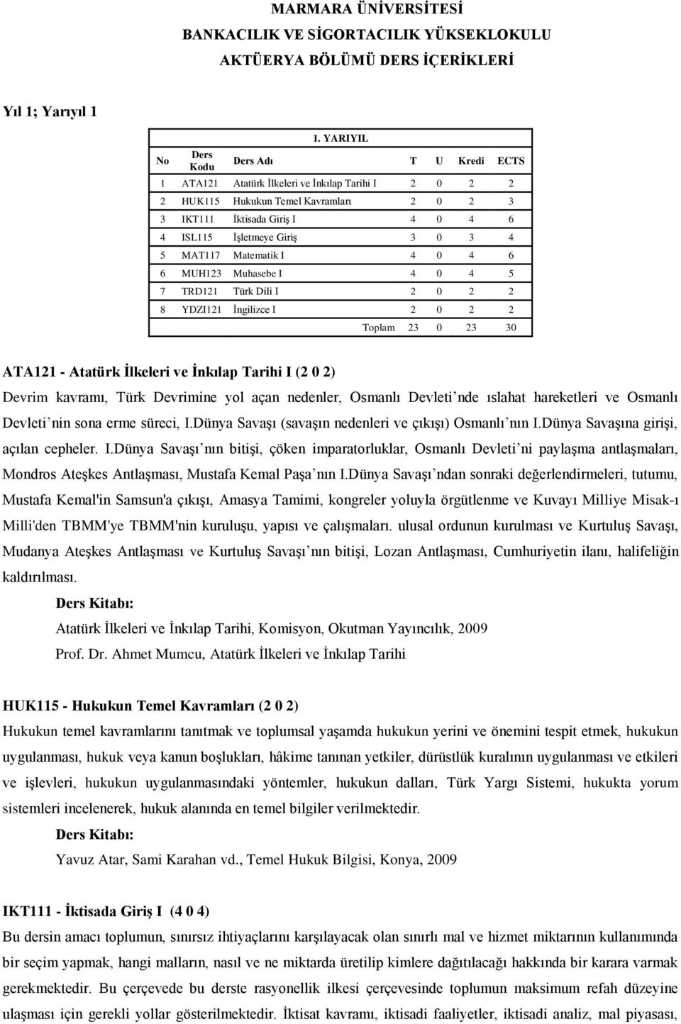 MAT117 Matematik I 4 0 4 6 6 MUH123 Muhasebe I 4 0 4 5 7 TRD121 Türk Dili I 2 0 2 2 8 YDZI121 İngilizce I 2 0 2 2 Toplam 23 0 23 30 ATA121 - Atatürk İlkeleri ve İnkılap Tarihi I (2 0 2) Devrim