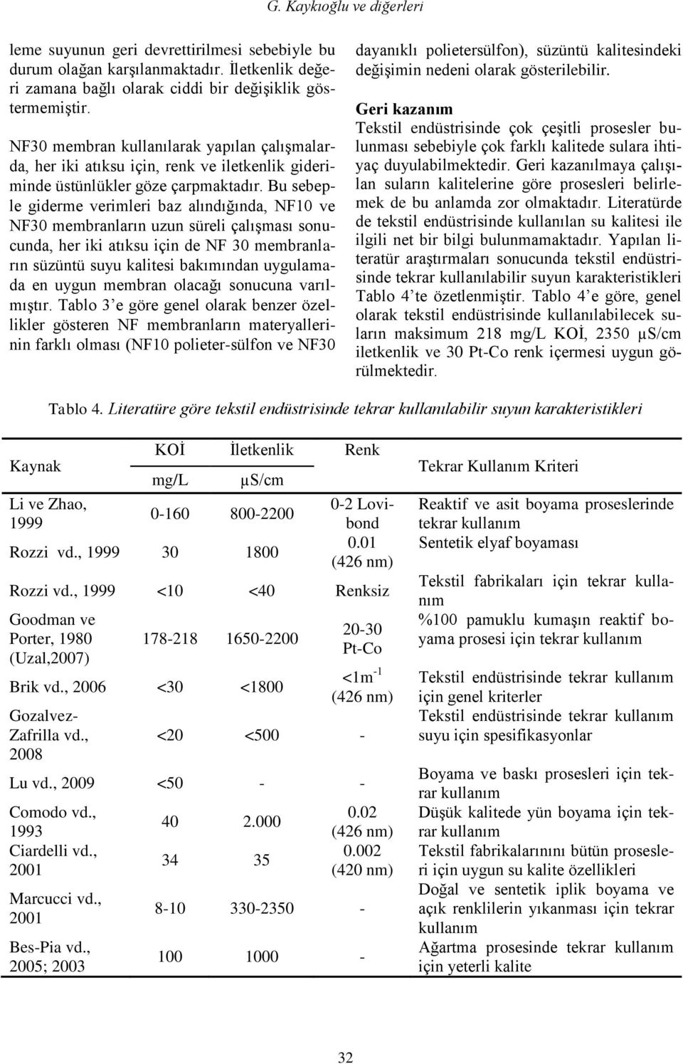 Bu sebeple giderme verimleri baz alındığında, NF10 ve NF30 membranların uzun süreli çalışması sonucunda, her iki atıksu için de NF 30 membranların süzüntü suyu kalitesi bakımından uygulamada en uygun