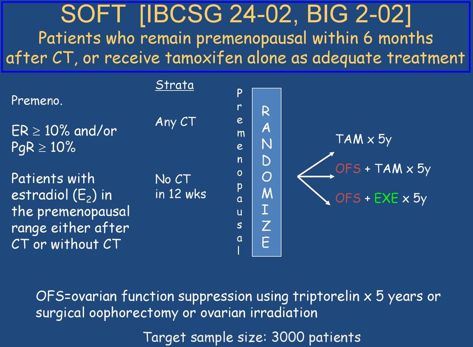 ER 10% and/or PgR 10% Patients with estradiol (E 2 ) in the premenopausal range either after CT or without CT Strata Any CT No