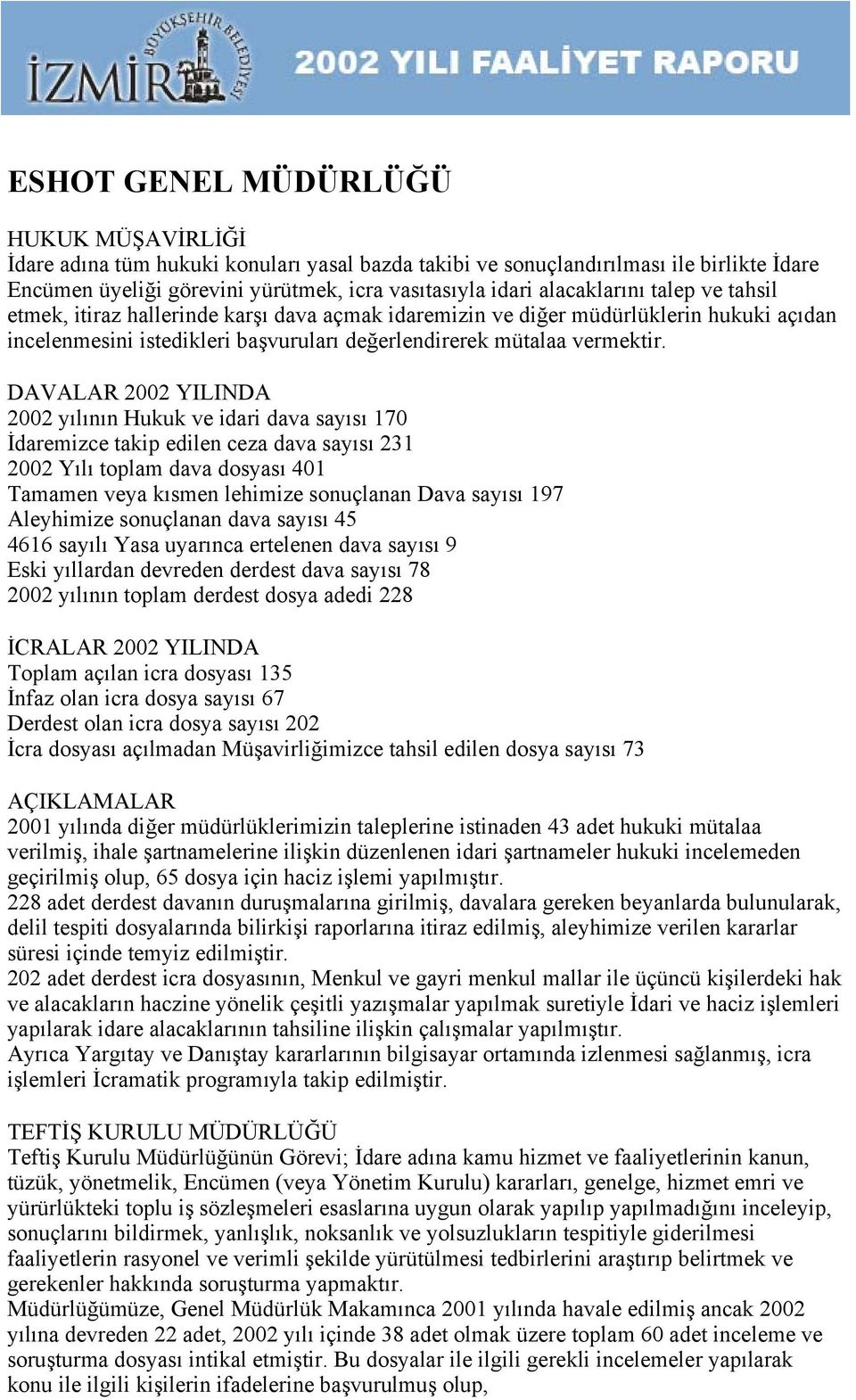 DAVALAR 2002 YILINDA 2002 yılının Hukuk ve idari dava sayısı 170 İdaremizce takip edilen ceza dava sayısı 231 2002 Yılı toplam dava dosyası 401 Tamamen veya kısmen lehimize sonuçlanan Dava sayısı 197