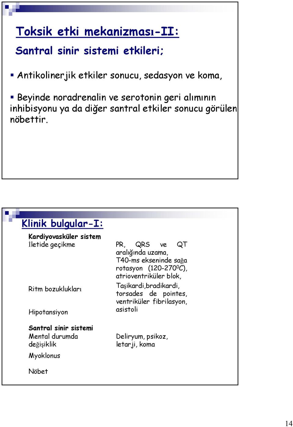 Klinik bulgular-i: Kardiyovasküler sistem İletide geçikme PR, QRS ve QT aralığında uzama, T40-ms ekseninde sağa rotasyon (120-270 0 C),