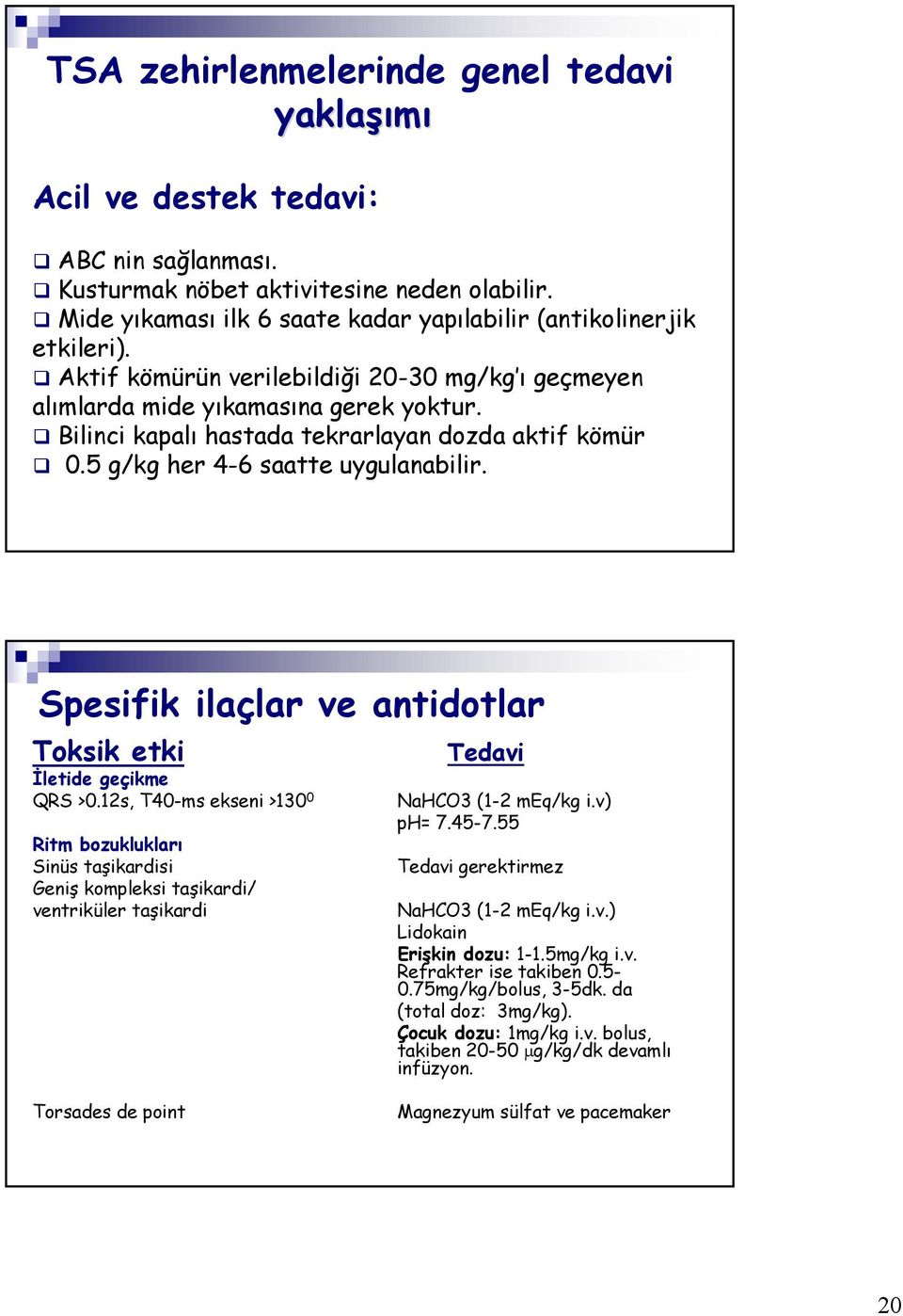 Bilinci kapalı hastada tekrarlayan dozda aktif kömür 0.5 g/kg her 4-6 saatte uygulanabilir. Spesifik ilaçlar ve antidotlar Toksik etki İletide geçikme QRS >0.