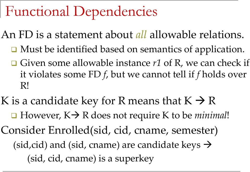 Given some allowable instance r1 of R, we can check if it violates some FD f, but we cannot tell if f holds over R!