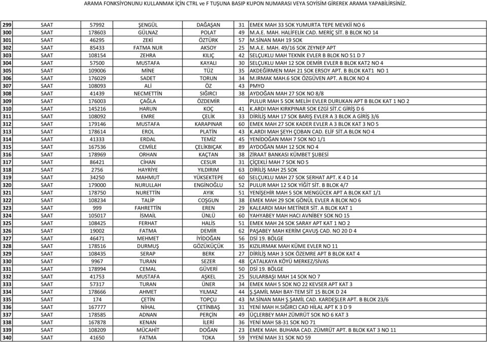 19 SOK 302 SAAT 85433 FATMA NUR AKSOY 25 M.A.E. MAH.