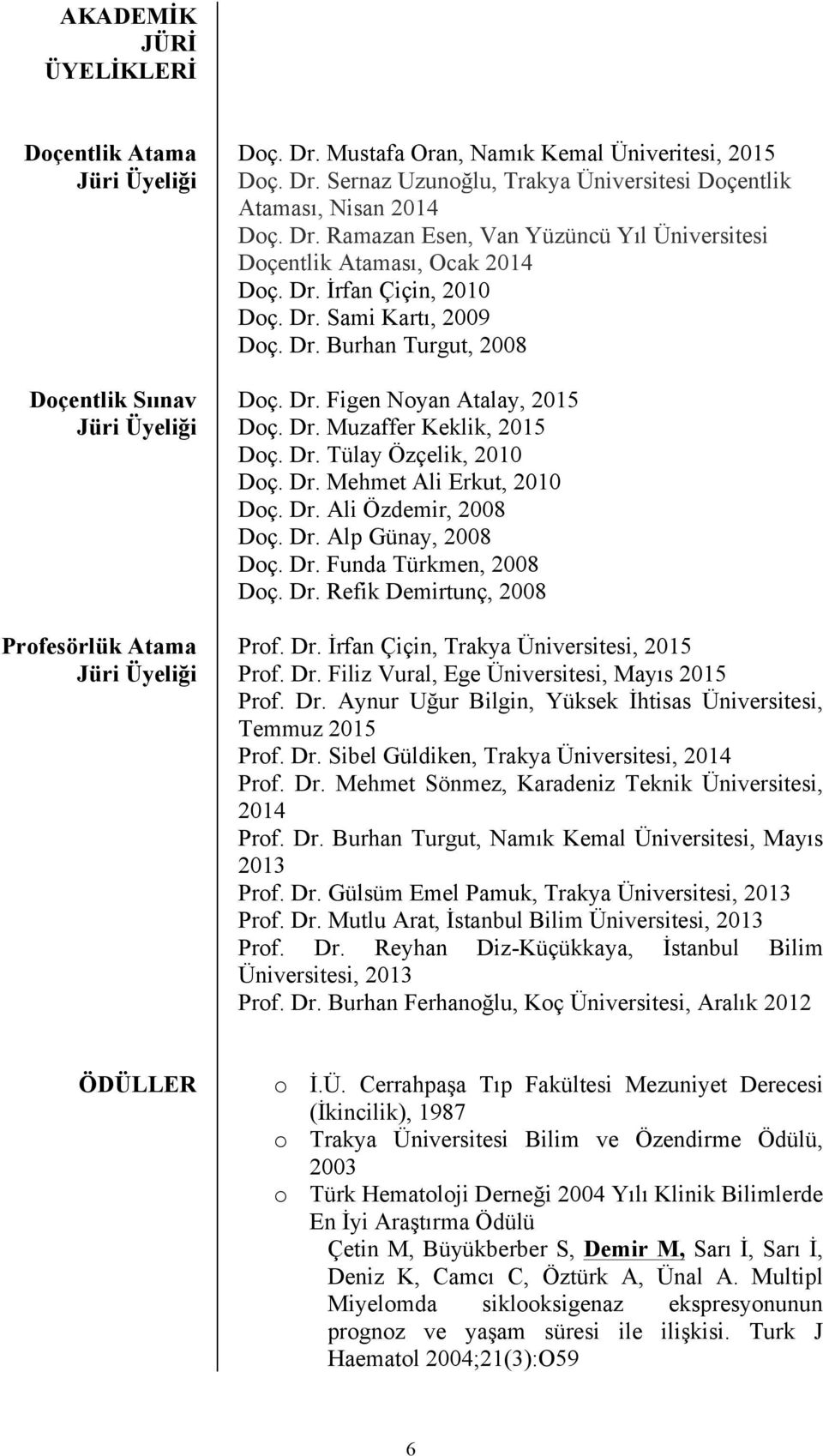 Dr. Tülay Özçelik, 2010 Doç. Dr. Mehmet Ali Erkut, 2010 Doç. Dr. Ali Özdemir, 2008 Doç. Dr. Alp Günay, 2008 Doç. Dr. Funda Türkmen, 2008 Doç. Dr. Refik Demirtunç, 2008 Prof. Dr. İrfan Çiçin, Trakya Üniversitesi, 2015 Prof.