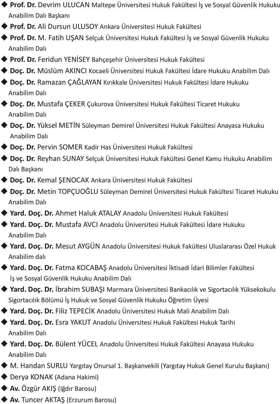 Dr. Mustafa ÇEKER Çukurova Üniversitesi Hukuk Fakültesi Ticaret Hukuku Anabilim Dalı u Doç. Dr. Yüksel METİN Süleyman Demirel Üniversitesi Hukuk Fakültesi Anayasa Hukuku Anabilim Dalı u Doç. Dr. Pervin SOMER Kadir Has Üniversitesi Hukuk Fakültesi u Doç.