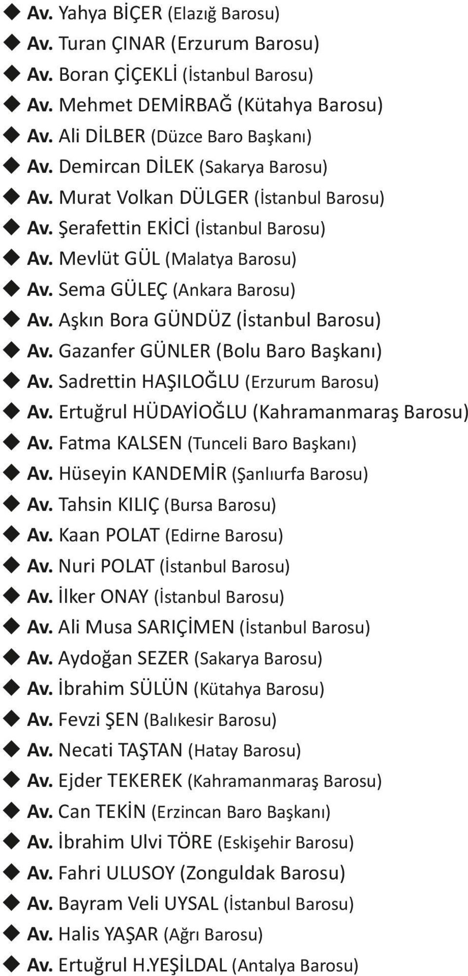 Aşkın Bora GÜNDÜZ (İstanbul Barosu) u Av. Gazanfer GÜNLER (Bolu Baro Başkanı) u Av. Sadrettin HAŞILOĞLU (Erzurum Barosu) u Av. Ertuğrul HÜDAYİOĞLU (Kahramanmaraş Barosu) u Av.