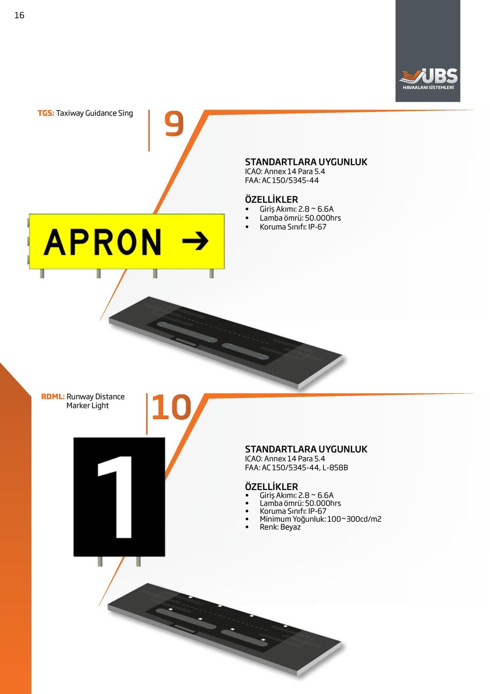 000hrs Koruma Sınıfı: IP-67 RDML: Runway Distance Marker Light 10 ICAO: Annex 14 Para 5.