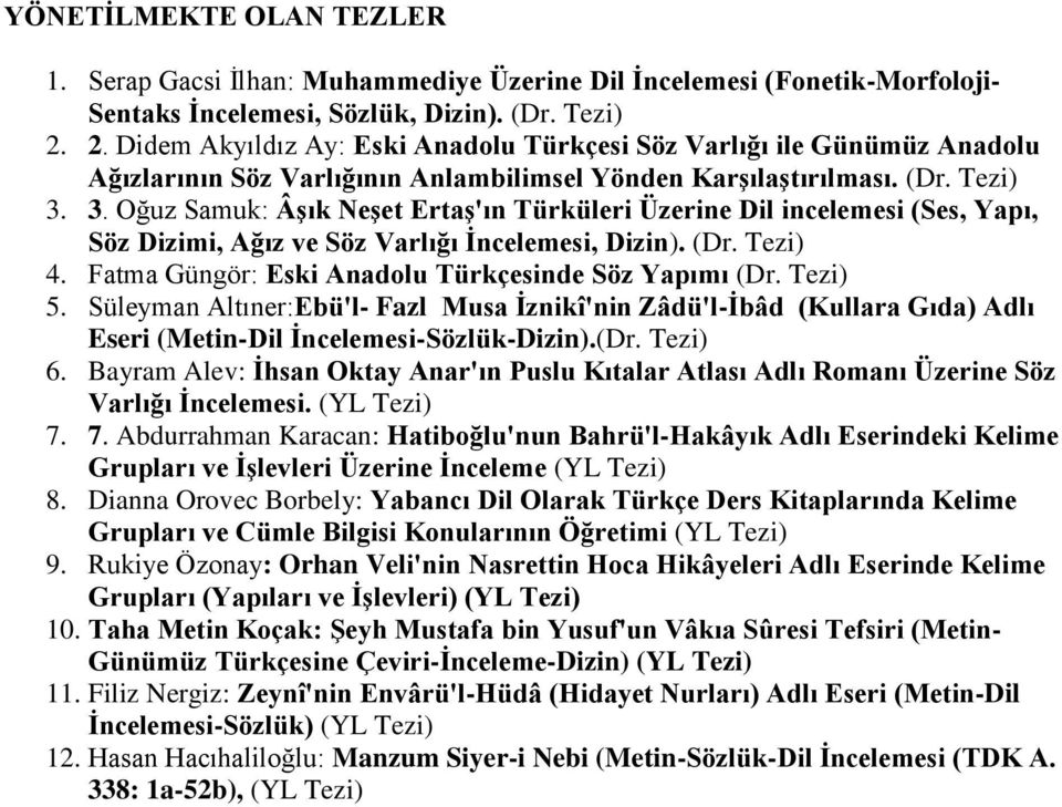 3. Oğuz Samuk: Âşık Neşet Ertaş'ın Türküleri Üzerine Dil incelemesi (Ses, Yapı, Söz Dizimi, Ağız ve Söz Varlığı İncelemesi, Dizin). (Dr. Tezi) 4. Fatma Güngör: Eski Anadolu Türkçesinde Söz Yapımı (Dr.