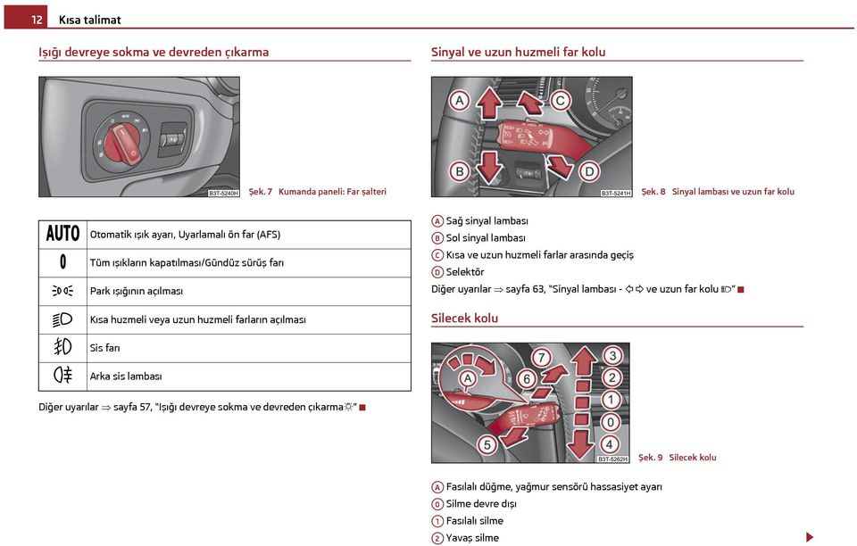 farların açılması Sis farı Arka sis lambası A Sağ sinyal lambası AB Sol sinyal lambası AC Kısa ve uzun huzmeli farlar arasında geçiş AD Selektör Diğer uyarılar sayfa 63, Sinyal
