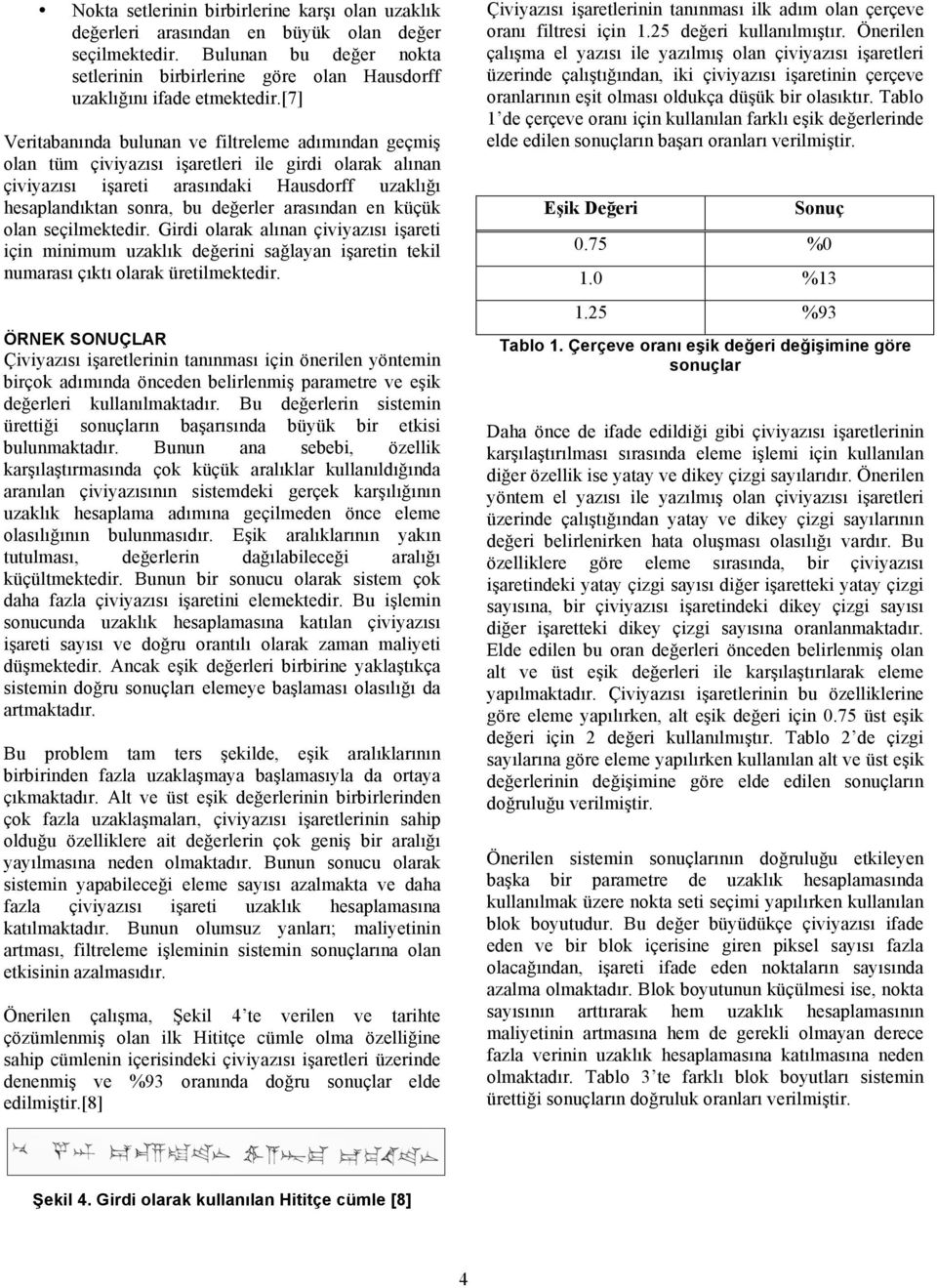 arasından en küçük olan seçilmektedir. Girdi olarak alınan çiviyazısı işareti için minimum uzaklık değerini sağlayan işaretin tekil numarası çıktı olarak üretilmektedir.