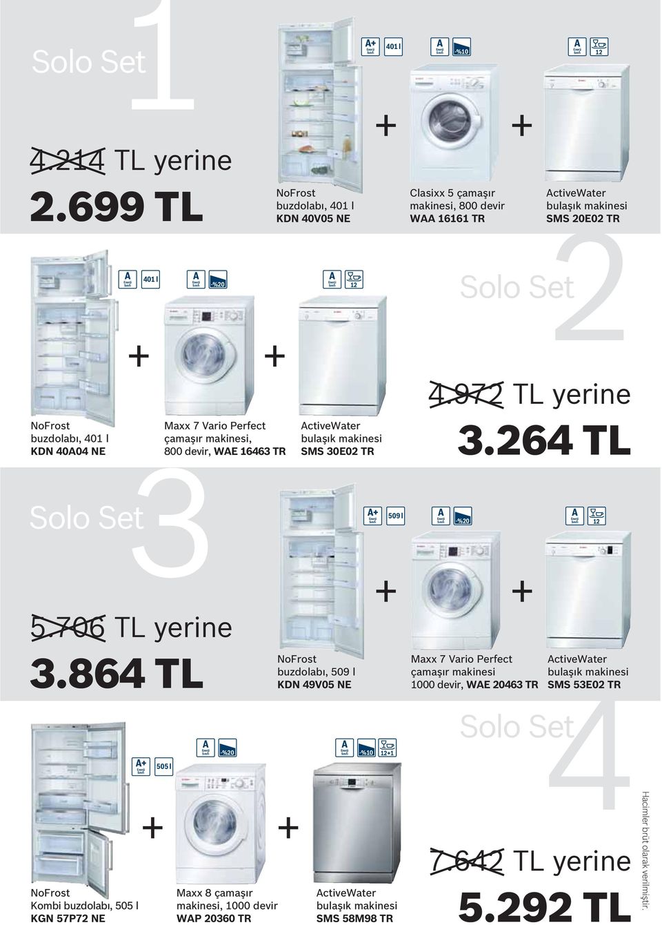 Solo Set 2 Solo Set3 Maxx 7 Vario Perfect çamaşır makinesi, 800 devir, WAE 16463 TR ActiveWater bulaşık makinesi SMS 30E02 TR 509 l 4.972 TL yerine 3.264 TL 12 5.706 TL yerine 3.