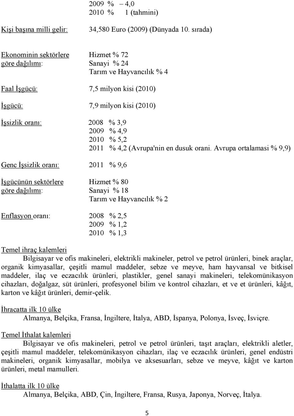 2010 % 5,2 2011 % 4,2 (Avrupa'nin en dusuk orani.