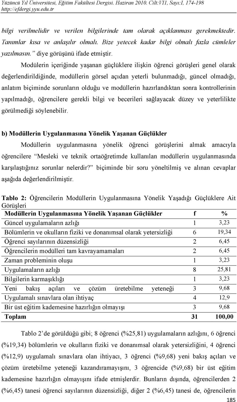 Modülerin içeriğinde yaşanan güçlüklere ilişkin öğrenci görüşleri genel olarak değerlendirildiğinde, modüllerin görsel açıdan yeterli bulunmadığı, güncel olmadığı, anlatım biçiminde sorunların olduğu