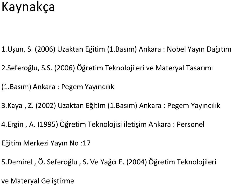 Ergin, A. (1995) Öğretim Teknolojisi iletişim Ankara : Personel Eğitim Merkezi Yayın No :17 5.Demirel, Ö.
