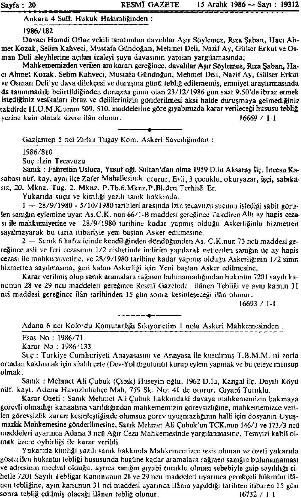 Aşır Söylemez, Rıza Şaban, Hacı Ahmet Kozak, Selim Kahveci, Mustafa Gündoğan, Mehmet Deli, Nazif Ay, Gülser Erkut ve Osman Deli'ye dava dilekçesi ve duruşma günü tebliğ edilememiş, emniyet