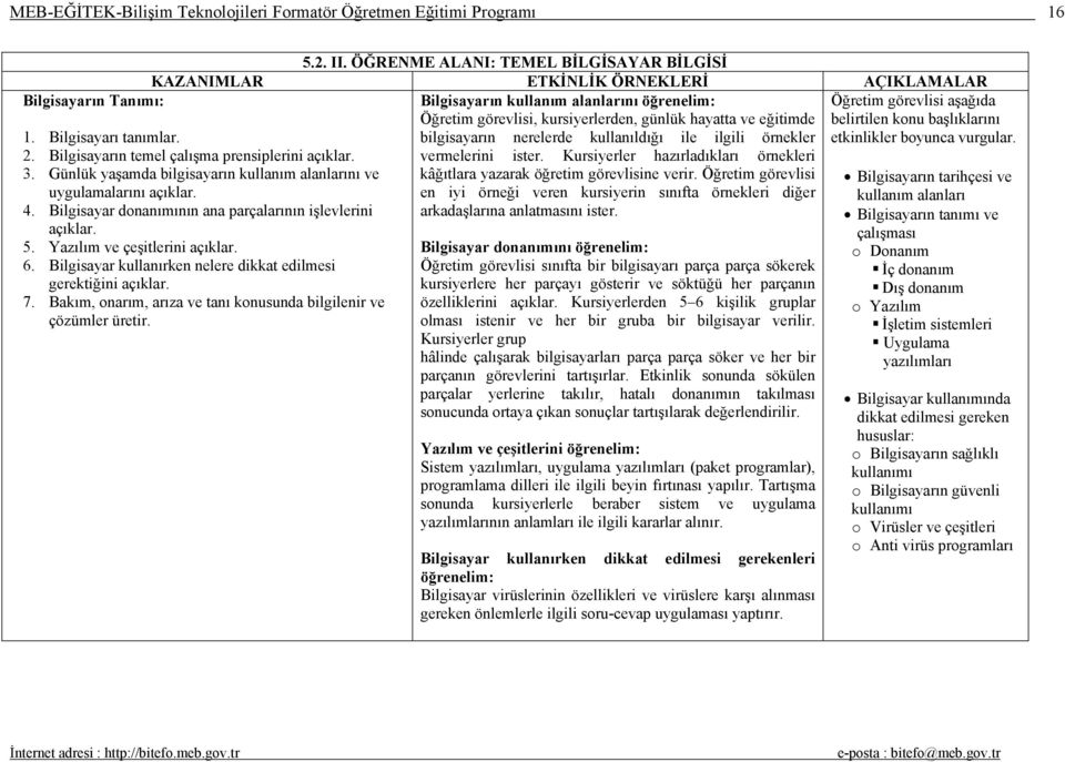 kursiyerlerden, günlük hayatta ve eğitimde belirtilen konu başlıklarını bilgisayarın nerelerde kullanıldığı ile ilgili örnekler etkinlikler boyunca vurgular. vermelerini ister.