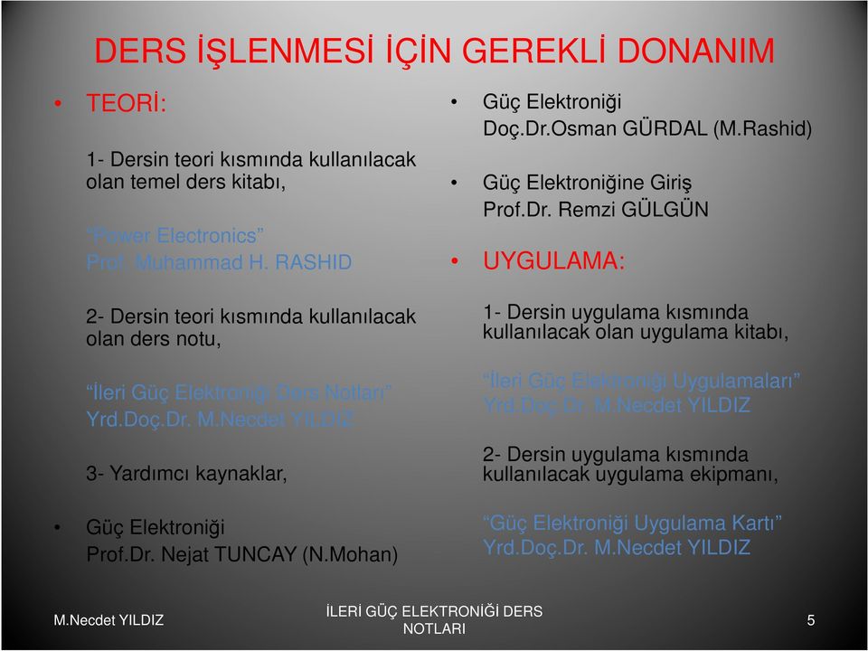 Mohan) Güç Elektroniği Doç.Dr.Osman GÜRDAL (M.Rashid) Güç Elektroniğine Giriş Prof.Dr. Remzi GÜLGÜN UYGULAMA: 1- Dersin uygulama kısmında kullanılacak olan uygulama kitabı, Đleri Güç Elektroniği Uygulamaları Yrd.