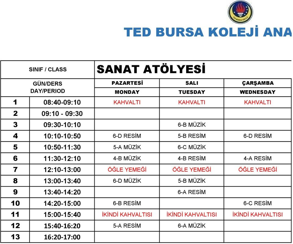 ÖĞLE YEMEĞİ ÖĞLE YEMEĞİ ÖĞLE YEMEĞİ 8 13:00-13:40 6-D MÜZİK 5-B MÜZİK 9 13:40-14:20 6-A RESİM 10 14:20-15:00 6-B RESİM