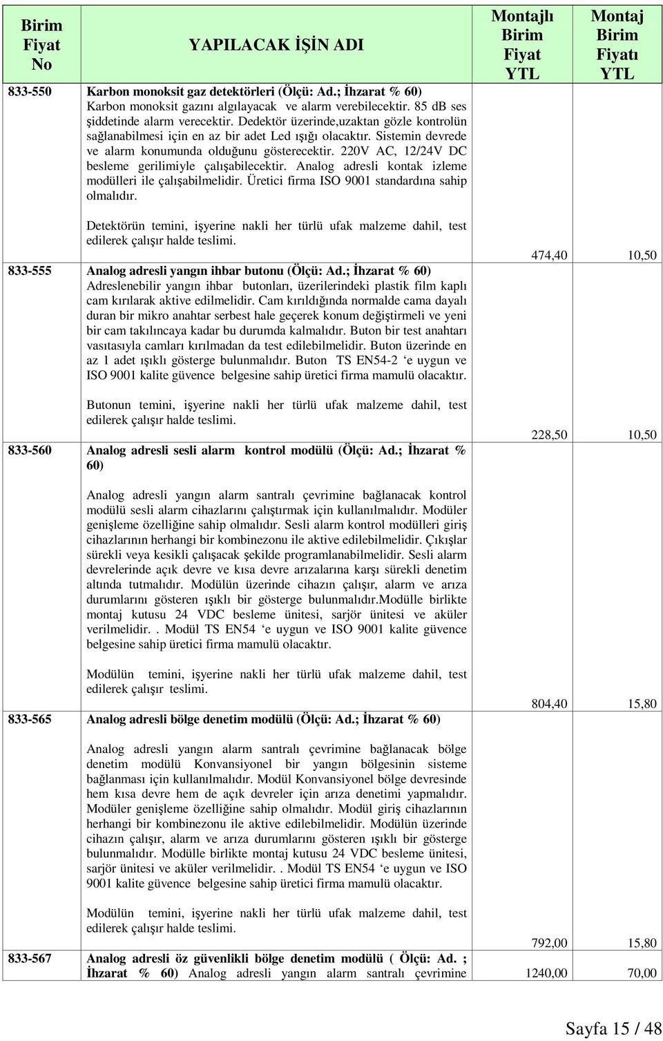 220V AC, 12/24V DC besleme gerilimiyle çalıabilecektir. Analog adresli kontak izleme modülleri ile çalıabilmelidir. Üretici firma ISO 9001 standardına sahip olmalıdır.