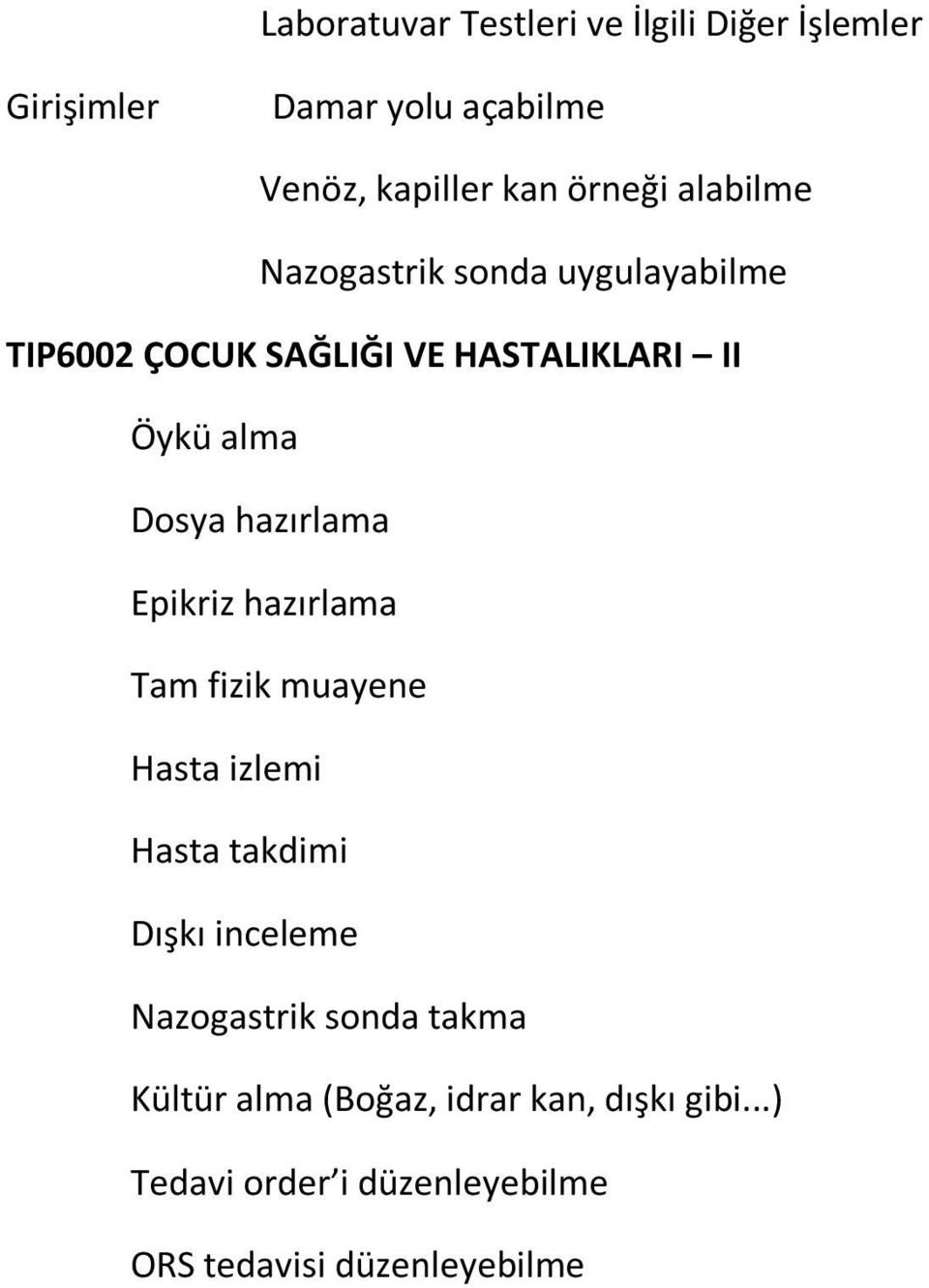 hazırlama Epikriz hazırlama Tam fizik muayene Hasta izlemi Hasta takdimi Dışkı inceleme Nazogastrik