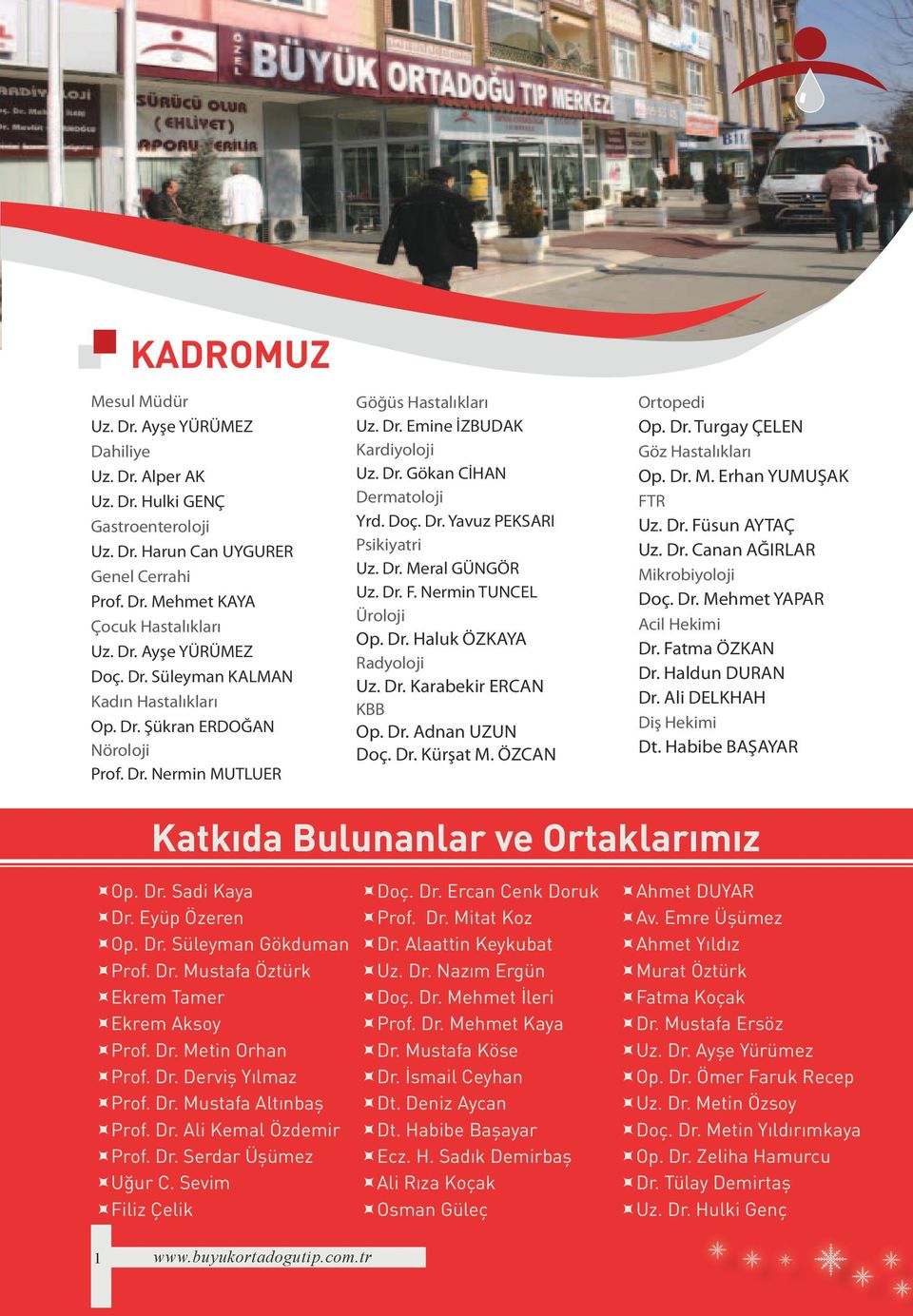 Dr. Meral GÜNGÖR Uz. Dr. F. Nermin TUNCEL Üroloji Op. Dr. Haluk ÖZKAYA Radyoloji Uz. Dr. Karabekir ERCAN KBB Op. Dr. Adnan UZUN Doç. Dr. Kürşat M. ÖZCAN Ortopedi Op. Dr. Turgay ÇELEN Göz Hastalıkları Op.