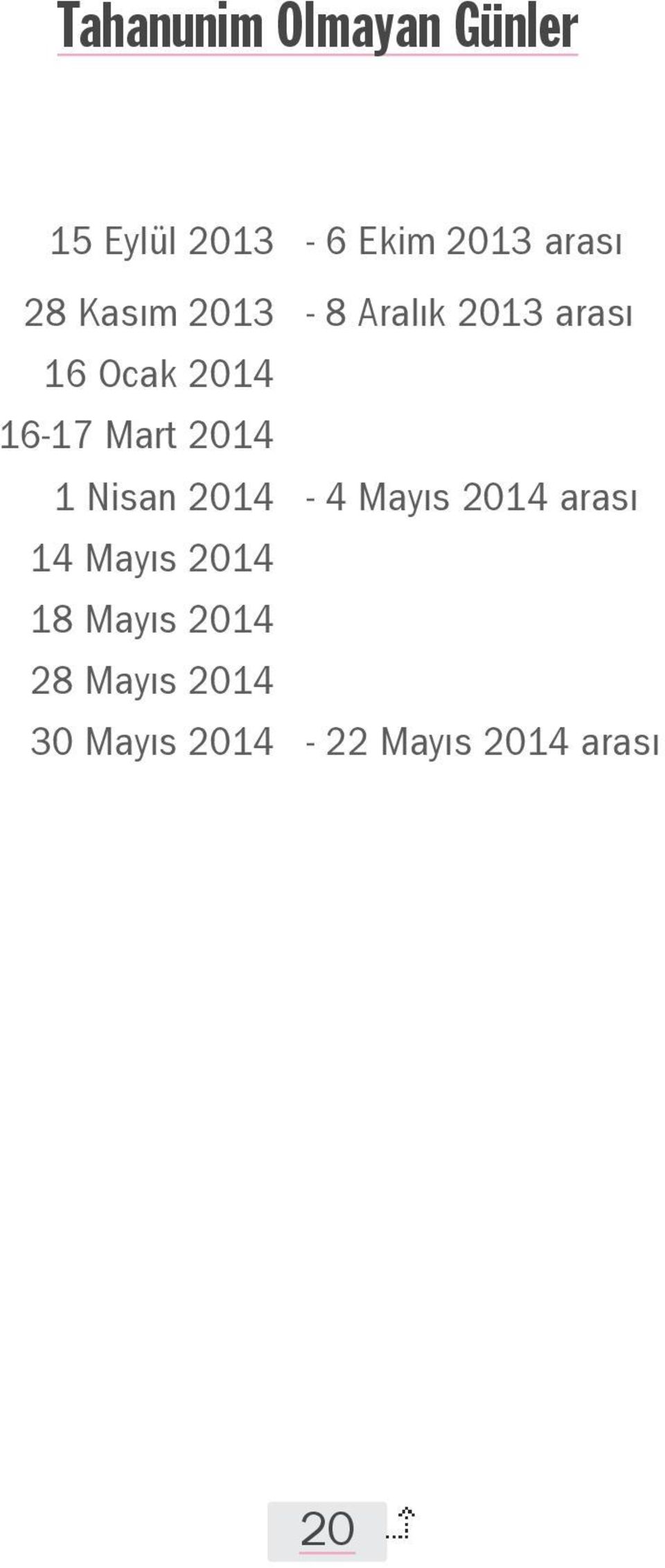 2014 1 Nisan 2014-4 Mayıs 2014 arası 14 Mayıs 2014 18