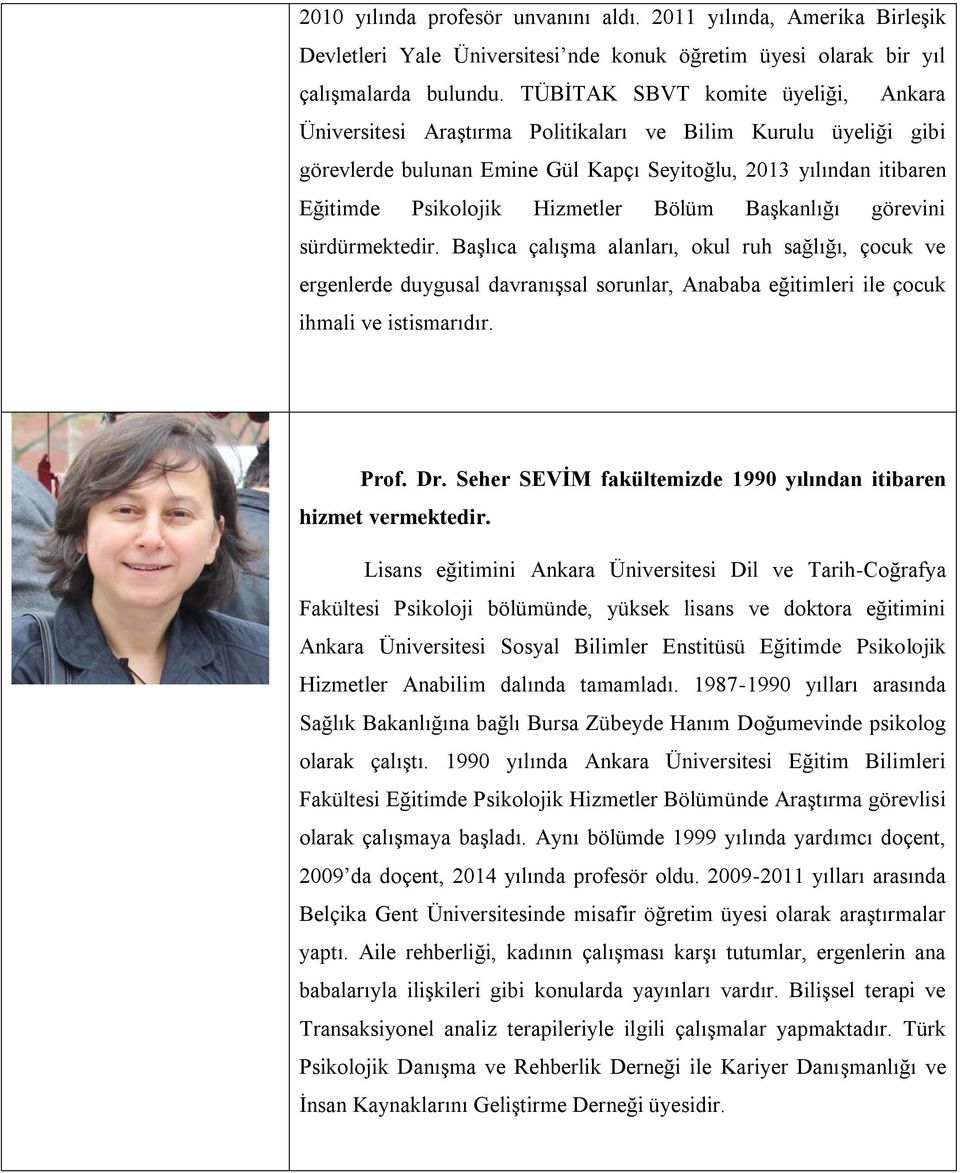 Bölüm Başkanlığı görevini sürdürmektedir. Başlıca çalışma alanları, okul ruh sağlığı, çocuk ve ergenlerde duygusal davranışsal sorunlar, Anababa eğitimleri ile çocuk ihmali ve istismarıdır. Prof. Dr.