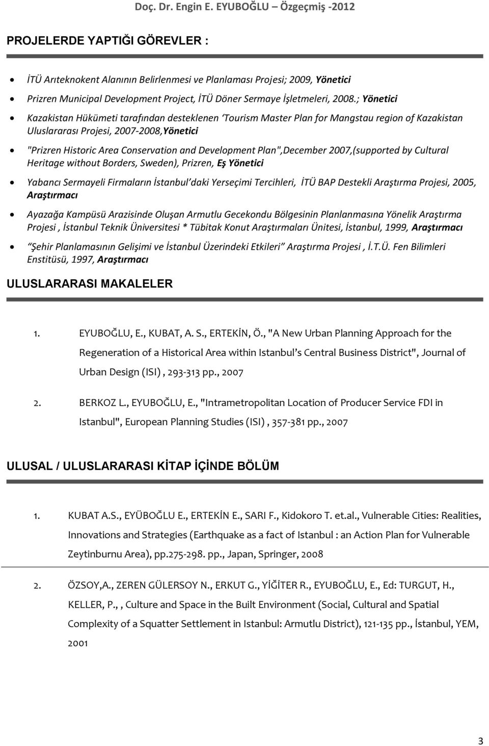 Development Plan",December 2007,(supported by Cultural Heritage without Borders, Sweden), Prizren, Eş Yönetici Yabancı Sermayeli Firmaların İstanbul daki Yerseçimi Tercihleri, İTÜ BAP Destekli